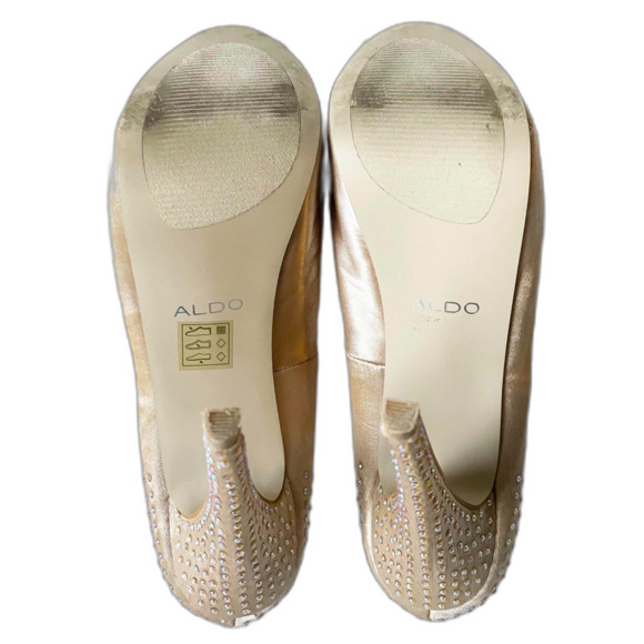 Aldo Gold Satin Rhinestone Peep Toe Platform Pumps Heels - Women's Size 8 - Picture 7 of 9